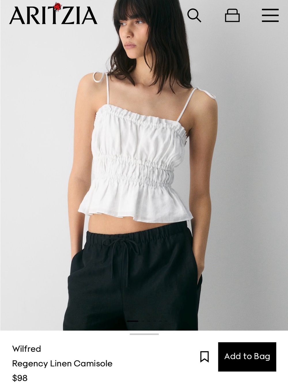 Aritzia Wilfred White Smocked Linen Peplum Camisole